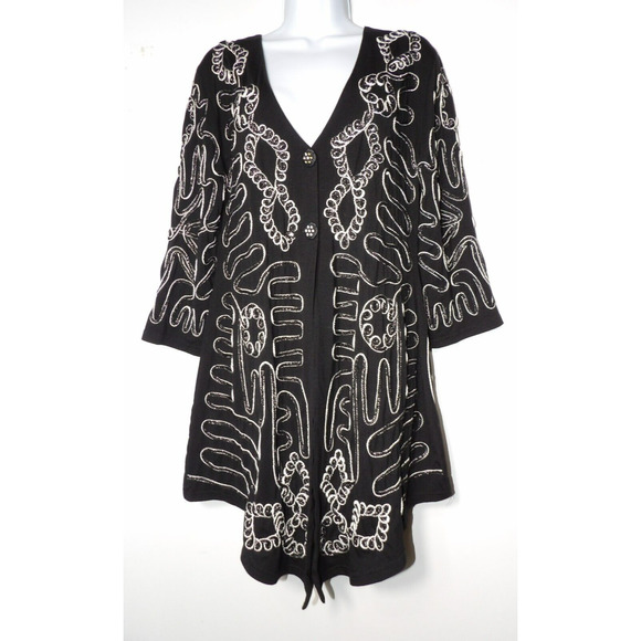 Yaze Handmade Cardigan Med Beaded Embroidered Black Asymmetrical Hem Artsy Boho - Picture 1 of 15